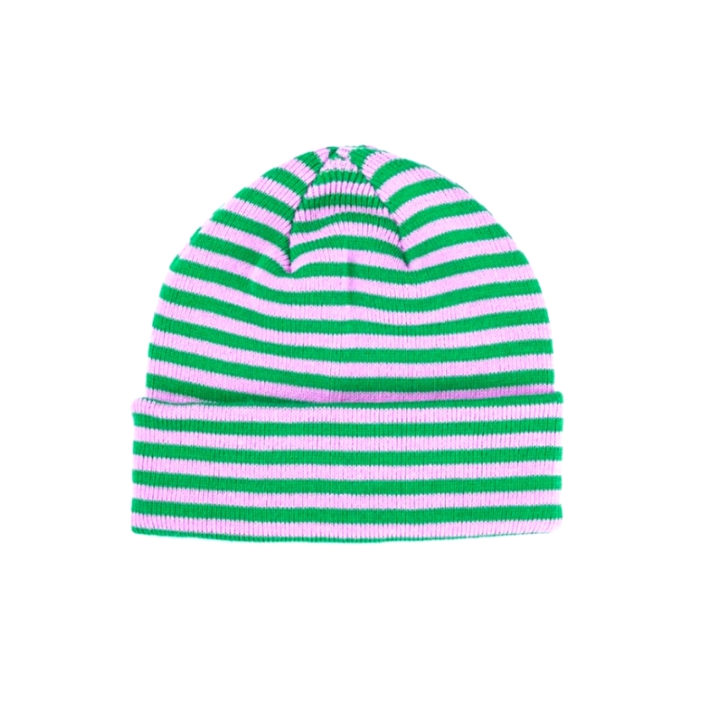 Striped Green and Pink Knit Beanie